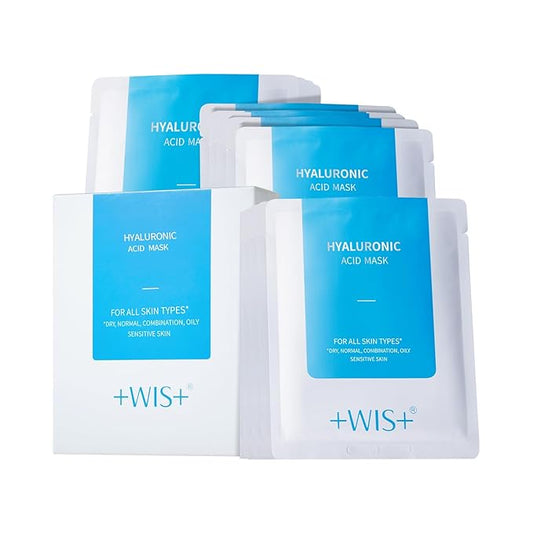 +WIS+ Hyaluronic Acid Sheet Mask 5 EA with Hyaluronic Acid Serum and Vitamin B5, Hydrating Facial Mask for Dry Skin, Anti-Aging Mask to Plump and Repair Dehydrated Skin, Safe on Sensitive Skin