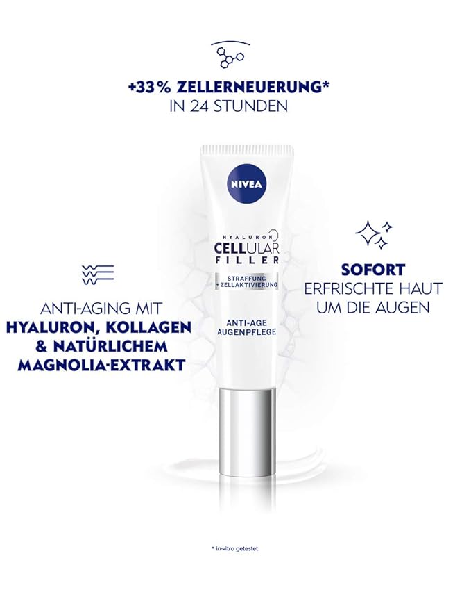NIVEA Hyaluron Cellular Filler Anti-Age Eye Cream 15 ml / 0.51 fl oz – Lightweight Hyaluronic Acid Eye Care Cream – Smooth, Fast-Absorbing Formula for Daily Use Around Eyes