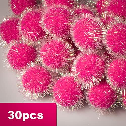 VAPKER 30 Pcs Cat Ball Toys Sparkle Balls Extra Large 2 Inch Cat's Favorite Chase Glitter Ball Glitter Tinsel Pom Poms Balls Hot Pink Color