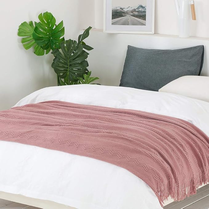 BOURINA Coral Pink Throw Blanket 50x60 Inch Knitted Soft Throw Sofa Blanket | Knitted Throw Blanket 50x60 Inches, Soft Lightweight Boho Weave Throw Decorative Couch Blanket for Living Room Bedroom Chair