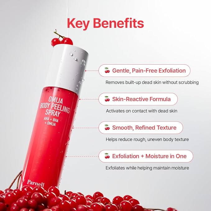 PARNELL AHA Omija Ceramic Body Peeling Spray – AHA BHA PHA Body Exfoliant for Keratosis Pilaris, Strawberry Legs, Dark Spots & Dead Skin Remover – Chemical Exfoliant, Rough Skin 4.60 fl.oz