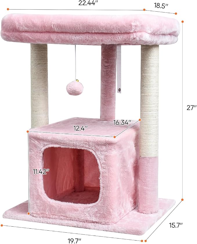 SYANDLVY Pink Cat Tree for Indoor Cats Large Adult, 27" Activity Tower | Scratching Posts, Modern House with Padded Perch, Kittens Condo, Cat Cave, Pink