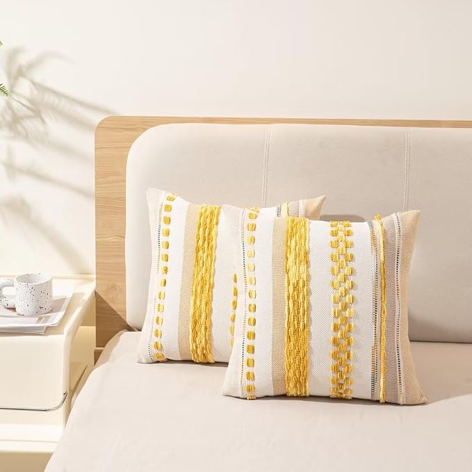 Boho Throw Pillow Covers Decorative Neutral Farmhouse Pillow case | 18x18 Set of 2 Cushion Case Striped Square Pillows Cover Couch Pillow Cases Accent Pillowcase for Sofa Bed,Yellow