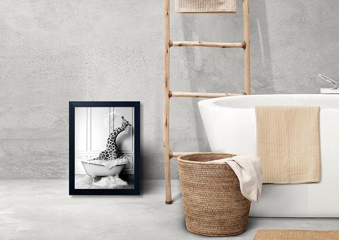 Black and White Bathroom Wall Decor Funny Giraffe in Bathtub Decor Framed Farmhouse Animal Canvas Wall Art Bathroom Artwork
