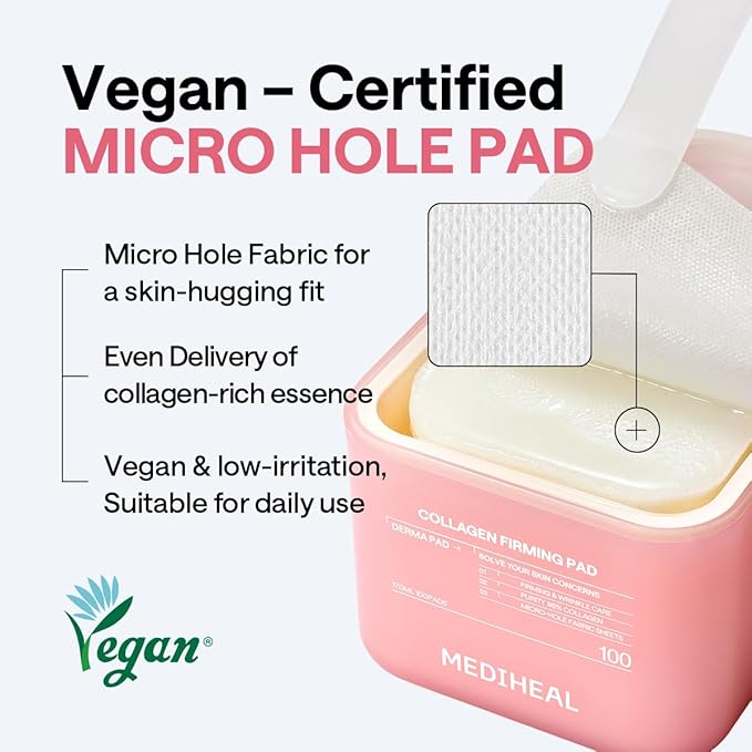MEDIHEAL Toner Pads [Collagen] Skin Firming- Contains 98% Low-Molecular Collagen with Retinol & Peptides for Firming Care - Helps Restore Skin Elasticity - Vegan Moisturizing Fabric (100 Count)