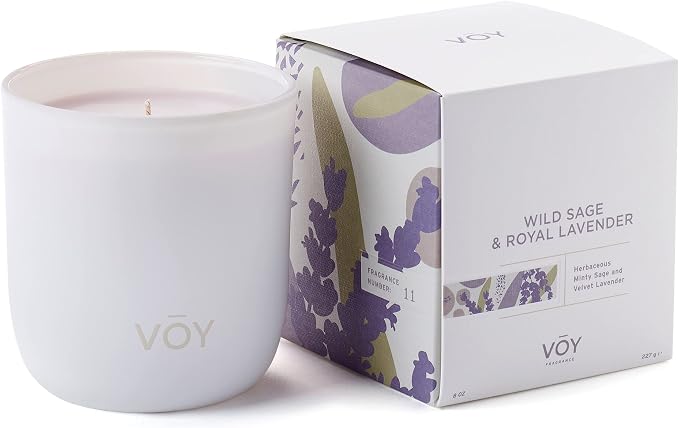 VOY Scented Candle, Herbaceous Minty Wild Sage & Royal Lavender Scent, 55 Hour Burn Time, Blended Soy Candle, High-Fragrance Load, 8 oz Jar Candle, Aromatherapy Candle with Sustainable Gift Packaging