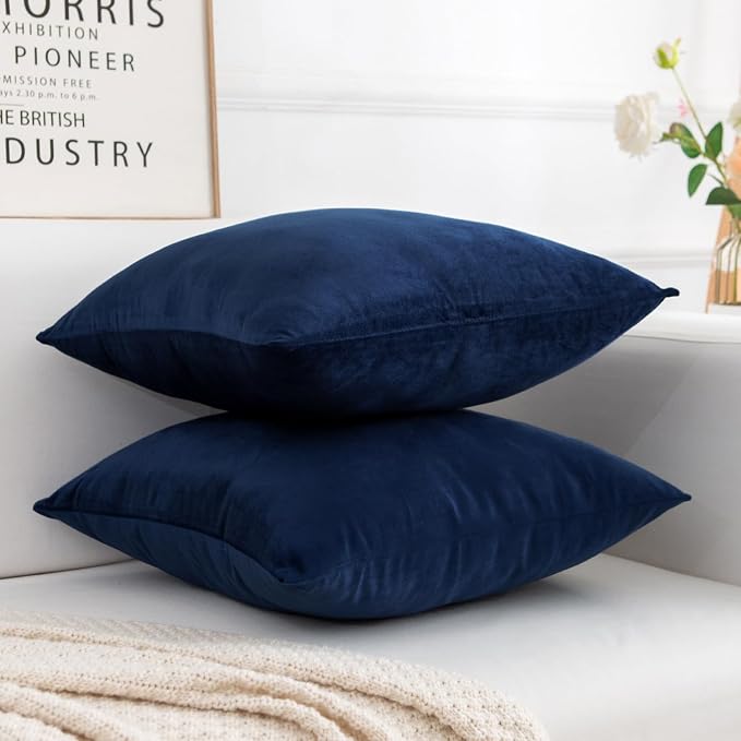 Velvet Decorative Throw Pillow Covers, Soft Square Cushion Case Home Decor for Living Room Couch Bed Sofa, Set of 2 Pack, Navy Blue, 18x18 Inch