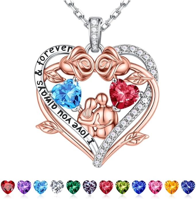 Iefil Valentines Gifts for Her Wife - 925 Sterling Silver Double Heart Birthstone Necklace, Anniversary Birthday Gifts for Women Wife Girlfriend