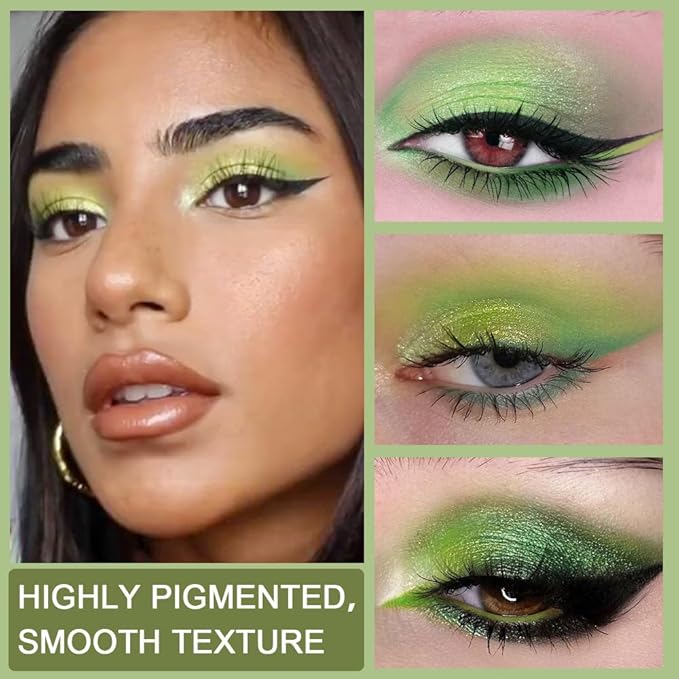 evpct 9 Colors Green Glitter Eyeshadow Palette, Light Dark Emerald Avocado Neon Green Glitter Metallic Shimmer Sparkly Eye Shadow Palette Makeup for Older Women Blue Eyes, Highly Pigmented Eyeshadow