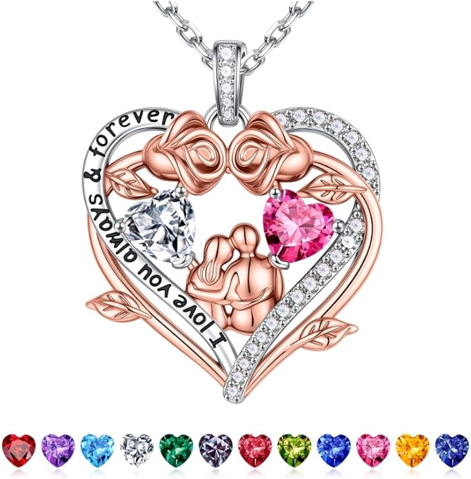 Iefil Valentines Gifts for Her Wife - 925 Sterling Silver Double Heart Birthstone Necklace, Anniversary Birthday Gifts for Women Wife Girlfriend