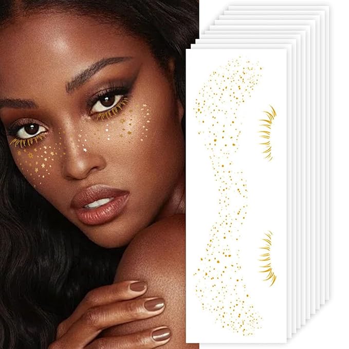 Gold Glitter Freckles Face Tattoo Face Makeup Patches Fake Freckles Faux Freckles Sparkle Freckles Waterproof Gold Freckles Temporary Face Tattoos Cute Face Glitter for Women Accessories 10 Sheets
