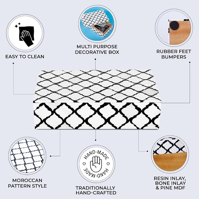 Handicrafts Home Small Decorative Storage Box with Lid, Moroccan Jewelry Keepsake Trinket Box Organizer, Wooden Coffee Table Dresser Storage Box, Black & White, 8 x 5 x 2 Inch, Moroccan Collection