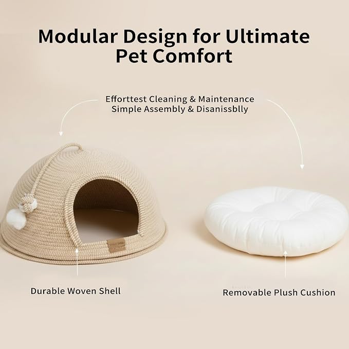 Cat Cave Bed with Washable Cushion and Ball, Handwoven Cotton Rope Cat Basket Bed for Indoor Cats Bed Covered, 3-in-1 Scratching, Playing & Sleeping, All Season Universal(White)