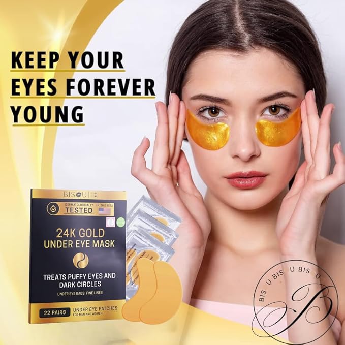 24K Gold Under Eye Patches (22 Pairs) – Collagen Masks for Dark Circles, Puffiness & Wrinkles – Skincare Treatment for Women