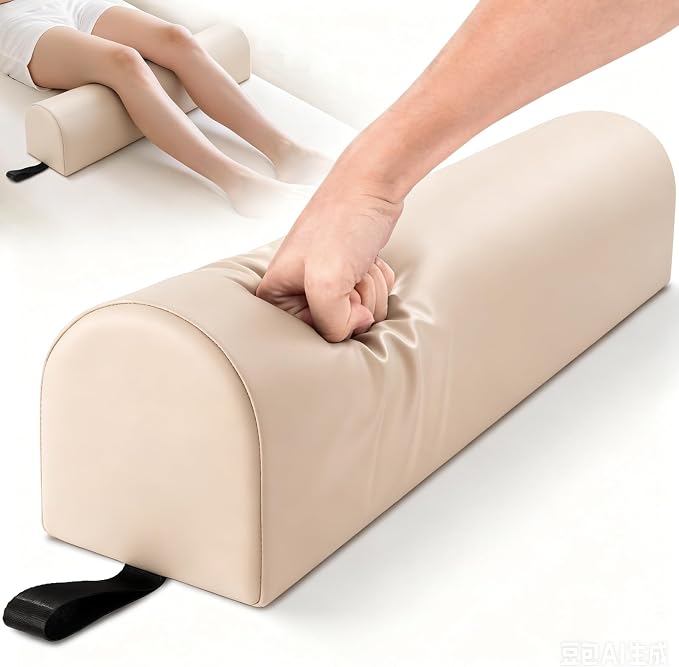 Noverlife 3/4 Round Knee Bolster for Massage Table, 26x6x6 in Massage Pillow for Legs w/Strap Handle, PU Leather Massage Table Leg Bolster Massage Therapy Bolster Pillow for Back Pain Relief - Beige
