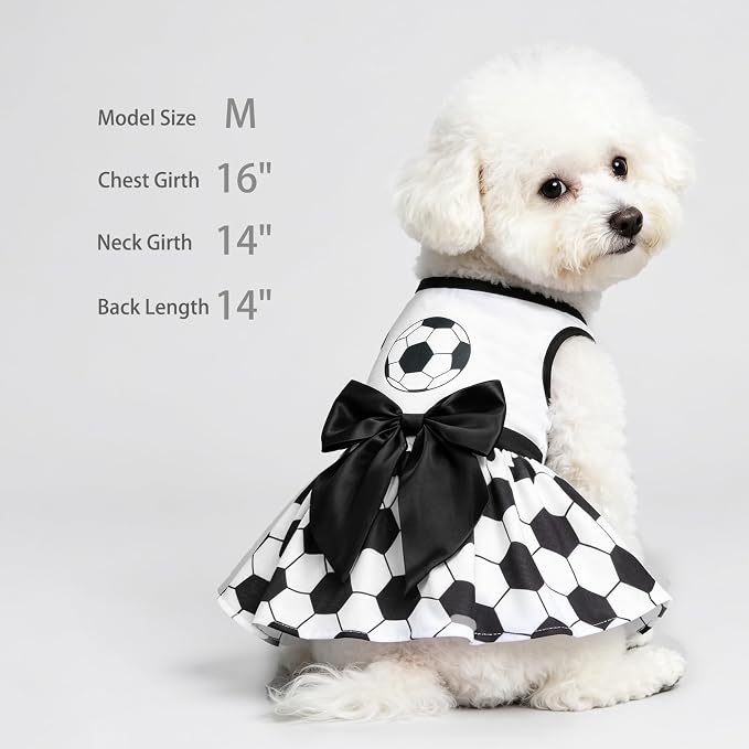 PUPTECK Soccer Ball Dog Dress with Bow, Cute Dog Skirt White and Black S | Breathable Soft Pet Clothes for Small Medium Dogs Cats, Puppy Outfits Apparel Costume for Game Day Celebration Holiday Party