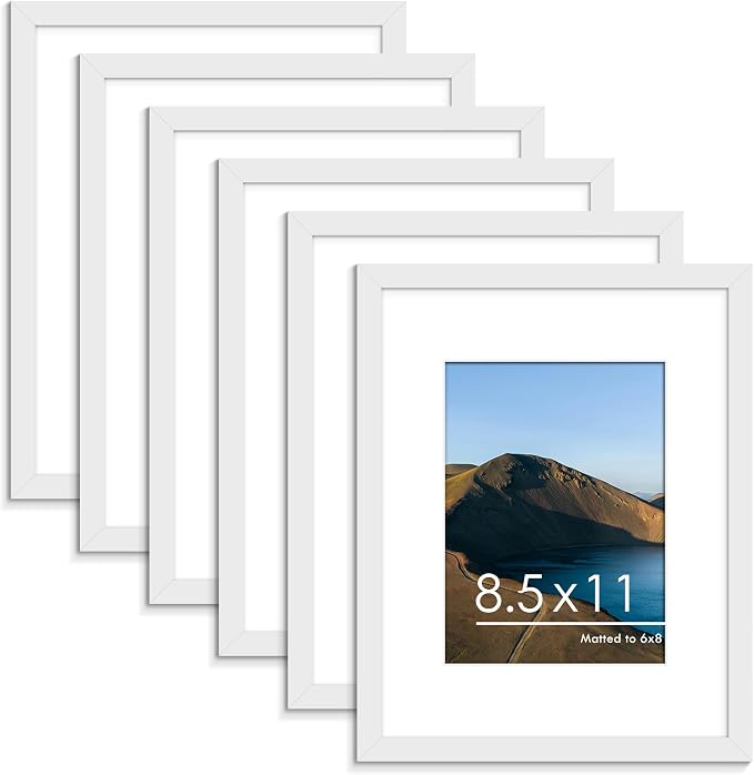 8.5x11 Picture Frame Set of 6, Wall Mount Display, White | Display Pictures 6x8 with Mat or 8.5x11 Without Mat, Horizontal or Vertical, Gallery Wall Frame Set, Wedding Birthday Gifts