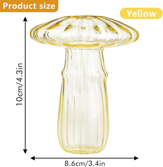 Mushroom Shaped Glass Vase, Planters Clear Hydroponic Vase, Flowers Plants for Decorative Centerpiece,Table Decor,Home Wedding Party (Yellow)