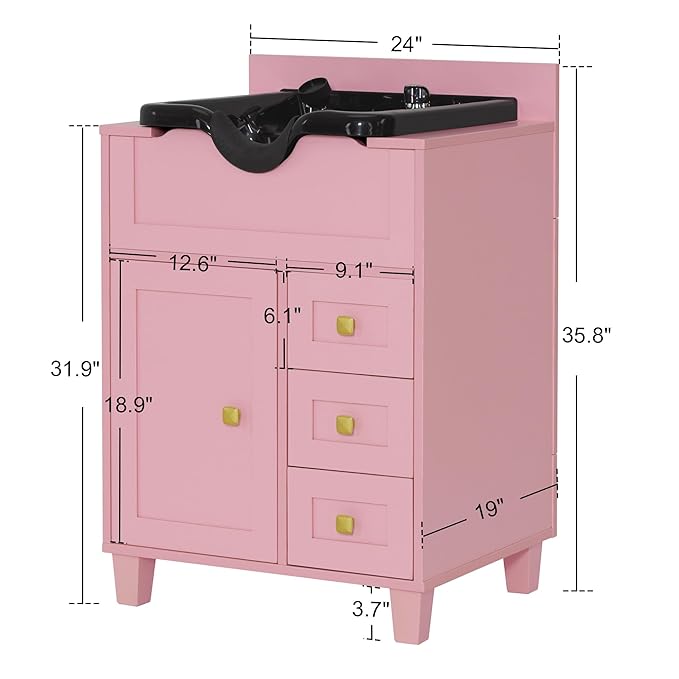 BarberPub Barber Storage Shampoo Station, Spa Textured Embossed Cabinet with Shampoo bowl & Drawers, Hair Salon Sink Backwash Equipment 7131 (Pink)