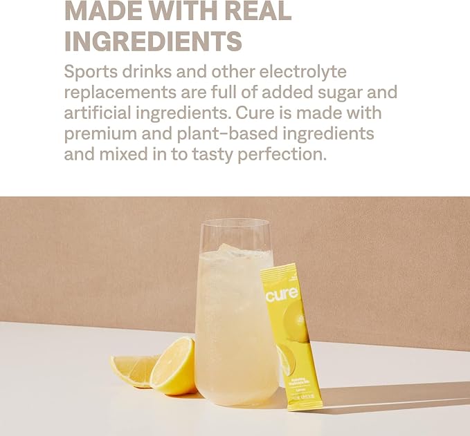 Cure Hydration | Plant-Based Electrolyte Drink Mix | No Added Sugar | FSA-HSA | Dehydration Relief Powder Made with Coconut Water | Non-GMO | Vegan | 28 Servings Jar - Lemonade