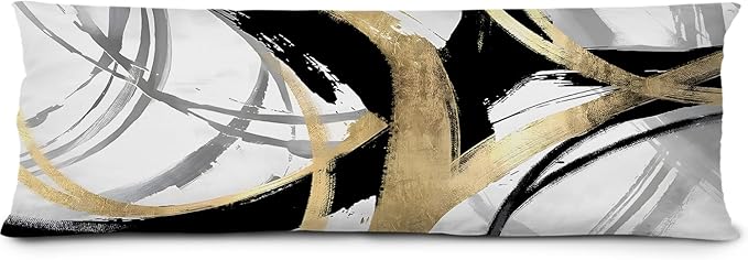 Abstract Black and Gold Striped 20x54 Body Pillow Cover, Modern Home Decor, Boho Room Decor, Black White and Gold Abstract Ink Line Long Body Pillow Pillowcase for Couch Bed