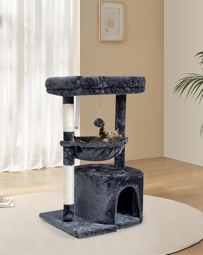 SYANDLVY Small Cat Tree for Indoor Cats, Cat Tower with Scratching Post | Modern Cat House with Padded Perch, Kittens Condo with Cradle, Smoky