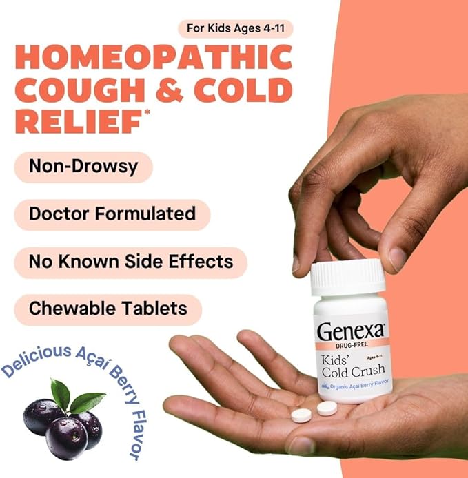 Genexa Kids Cold Crush | Multi-Symptom Cough & Cold, Sore Throat, Congestion Relief for Children | Acai Berry Flavor | Organic & Non-GMO | Homeopathic Remedy Made Clean | 60 Chewable Tablets Age 4-11