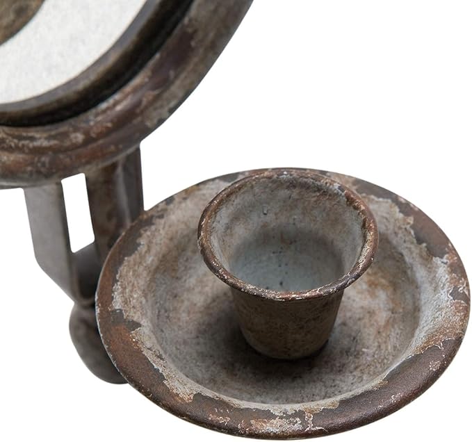 SOFFEE DESIGN Antique Metal Candle Sconces Candlestick Holder Wall Mounted Distressed with Oval Faded-Looking Mirror