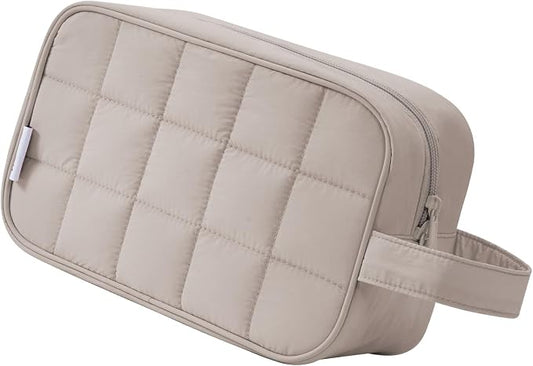 Narwey Quilted Makeup Bag Puffy Make up Bag Cosmetic Bag Organizer, Puffer Travel Toiletry Bag for Traveling Women Girl, Travel Bag for Toiletries, Skincare Medicine Bags (Khaki)