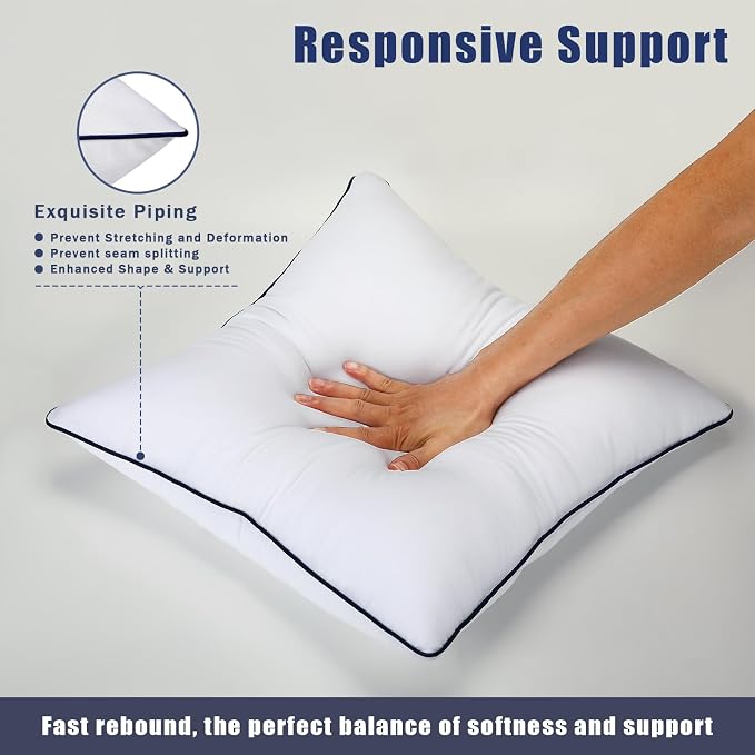 Throw Pillow Inserts Set of 2-Fluffy Square Cushions with 100% Cotton Covers-Decorative White Pillow Fillers for Sofa, Bed, Couch, Living Room, Indoor Hotel Pillows (26x26 Inch (Pack of 2)-Blue Edge)
