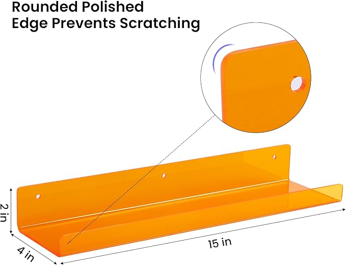 upsimples 4 Pcs 15" Acrylic Shelves for Wall Decor and Display, Orange | Cute Floating Shelf for Perfume, Skincare, Nail Polish, Wall Organizer for Bedroom, Living Room, Playroom, Room Décor