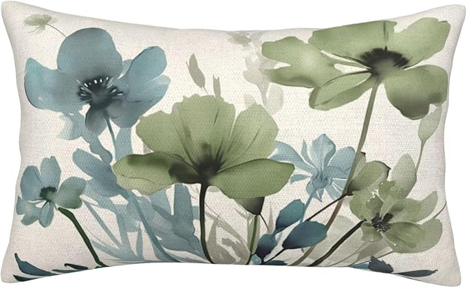 Floral Pillow Covers 12x20 Inches Set of 2 Sage Green Blue Floral Throw Pillow Covers Outdoor Spring Summer Flower Decoration Pillowcase Farmhouse Decorative Lumbar Cushion Cover For Home Sofa
