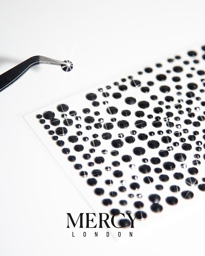 MERCY LONDON Face Gems in Black, 866 Self Adhesive Makeup Face Gem Stickers, 4 Sheets, Reusable Eye Gems, DIY Face Gems