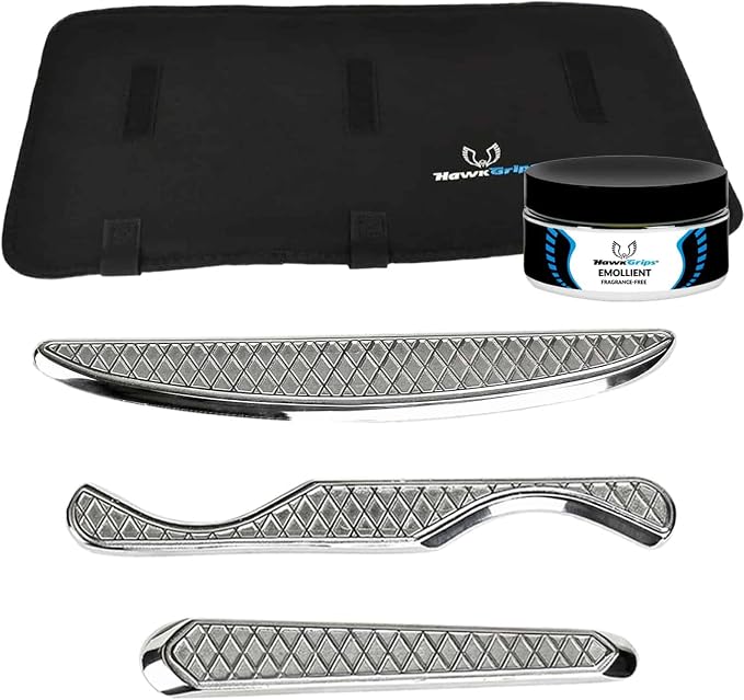 HawkGrips, Introductory Massage Therapy Tool Set with Massage Emollient 8oz, Stainless Steel, Includes Roll-Up Carrying Case, Medium Multi-Curve, Dual-Edge Tongue Depressor, and Scanner Massage Tool