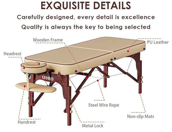 CLORIS 84" Professional Massage Table Portable Reinforced Wooden Leg Hold Up to 1100LBS 2 Folding Lightweight Spa Solon Tattoo Massage Bed Height Adjustable with Carrying Bag