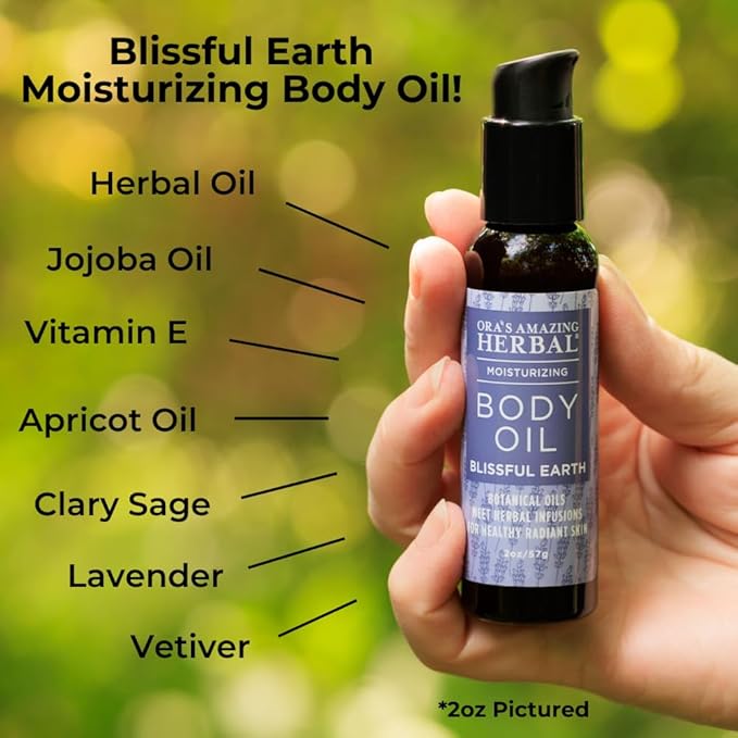 Lavender Bath Oil, Herbal Infused Moisturizing Body Oil for Women with Organic Jojoba Calendula Thyme Vetiver for Relaxation & Dry Skin, Blissful Earth Scent with Pump 7.5 oz