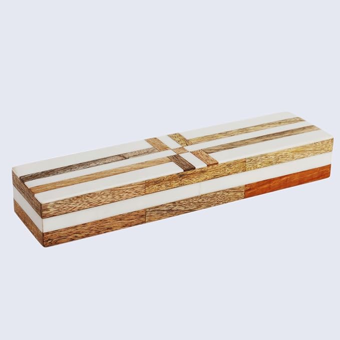 Handicrafts Home White Decorative Storage Box with Lid Wooden Entryway Organizer Box Key Holder Console Table Storage for Hallway Decor – Resin Inlay Patisserie Delight Collection- 10x2.5x1.5