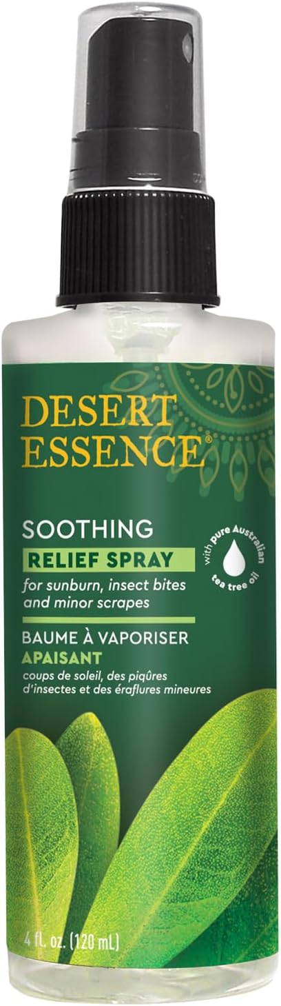 Desert Essence Relief Spray - 4 Fl Oz - Antiseptic Eco-Harvest Tea Tree Oil & Other Essential Oils - Natural First Aid - Minor Burns - Sunburn - Insect Bites - Scrapes - May Comfort Aching Feet