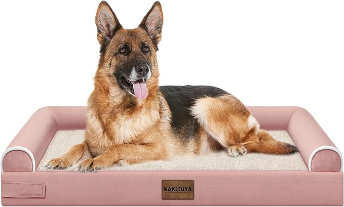 Orthopedic Dog Bed for Jumbo Dogs, 48 x 33 Inch, Pink | Egg crate foam for joint support, 3-sided bolster pet sofa, waterproof lining, washable cover, and non-skid base