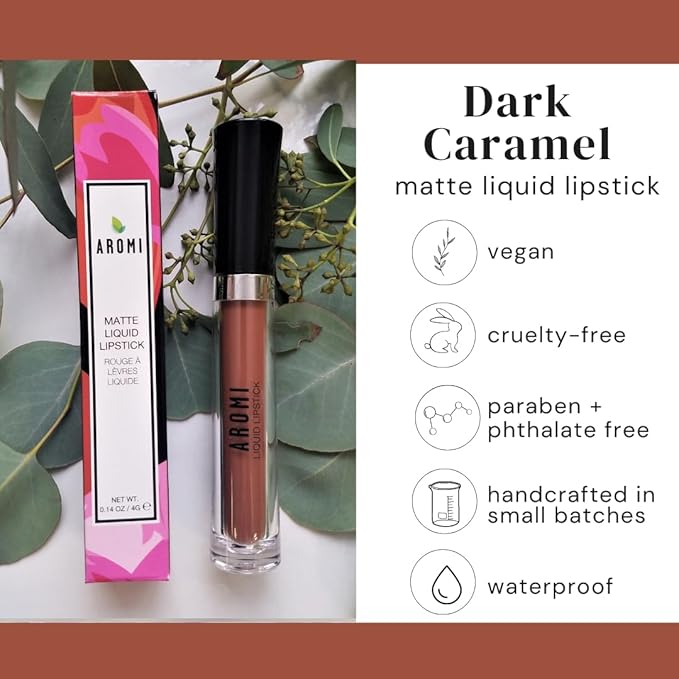 Aromi Matte Liquid Lipstick | Brown Nutmeg Lip Color, Long-lasting, Smudge, Smear, + Transfer Proof, Paraben, Phthalate, + Gluten Free, Vegan (Dark Caramel)