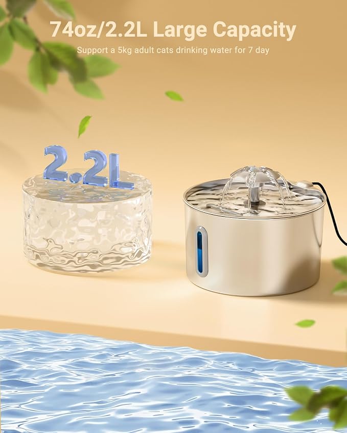 Cat Water Fountain Stainless Steel - 74oz/2.2L Automatic Large Pet Watering Bowl Dispenser for Indoor Dogs - Drinking Fountains with 3 Filter, Gifts for Cats and Kitty - Dog Waterer Bowls No Spill