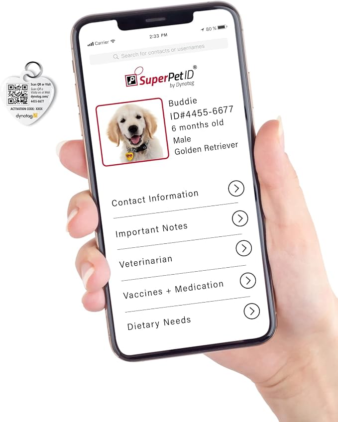 Dynotag® Web Enabled Super Pet ID Smart Tag with DynoIQ™ & Lifetime Recovery Service. Play Series: Deluxe Coated Steel - Heart (Heart Shades)