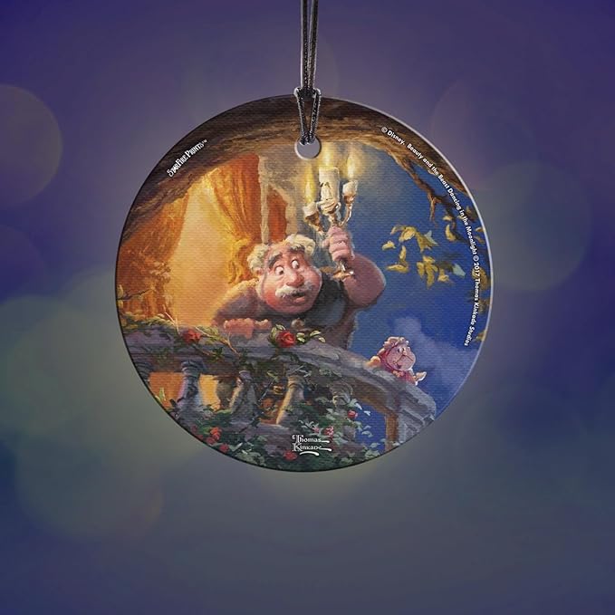 Thomas Kinkade Studios – Disney – Beauty and The Beast – Maurice’s Lantern Light – 3.5” Starfire Prints Hanging Glass Print Accessory – Officially Licensed - Ideal for Gifting and Collecting SPCIR738