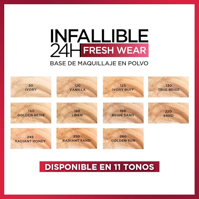 L'Oreal Paris Makeup Infallible Fresh Wear Foundation in a Powder, Up to 24H Wear, Waterproof, Linen, 0.31 oz. (Packaging May Vary)
