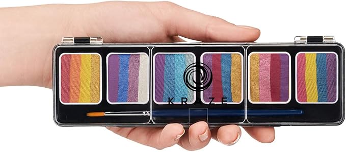 Kraze FX Splash Glam 6 Color Metallic Split Cake Palette (6 gm) with Brush - Water Activated, Hypoallergenic, Safe, Non-Toxic Face Painting Kit for Sensitive Skin, Kids & Adults
