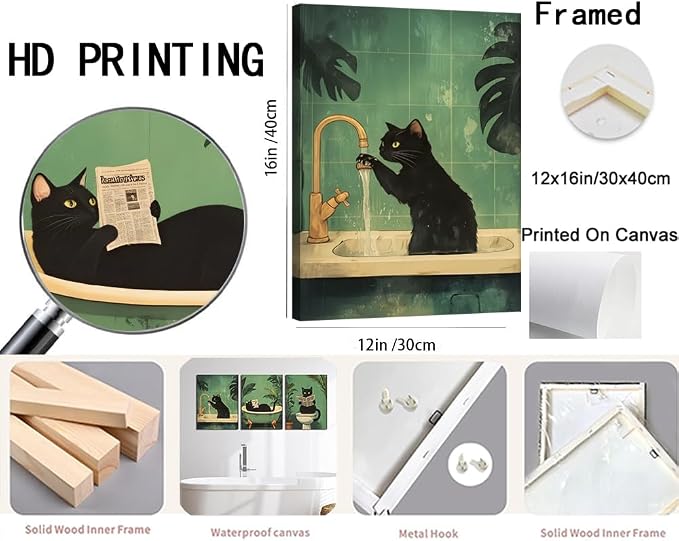 Funny Bathroom Black Cat Wall Art Set of 3, Whimsical Animal Bathroom Wall Decor Painting Maximalist Quirky Dark Pet Cat Toilet Canvas Poster Prints Aesthetics, Framed 12x16 inch