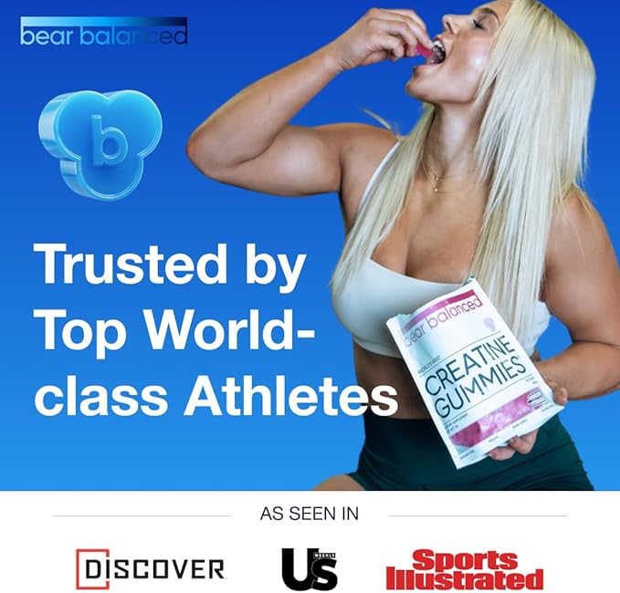 Bear Balanced Creatine Gummies for Men & Women - Creapure® Creatine Monohydrate, L-Theanine, L-Tyrosine & B12 for Muscle Growth, Strength, Focus, Energy & Health - Low Calorie, Sugar-Free, & Vegan