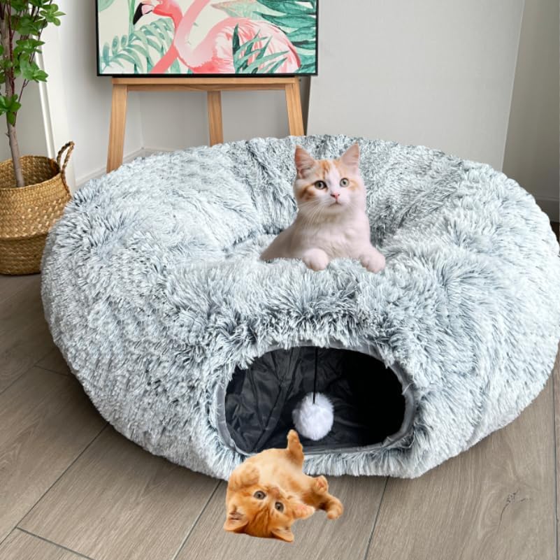 Cat Bed Tunnel Tube Toy Grey Plush