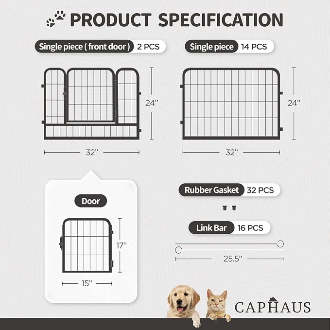 CAPHAUS 24/32/40 Inch Height Bold Metal Foldable Heavy-Duty Pet Playpen with Door, Available in 8/16/24/32 Panels Indoor/Outdoor Portable Kennel, Dog/Animals Exercise Fence Cage for Yard, RV, Camping