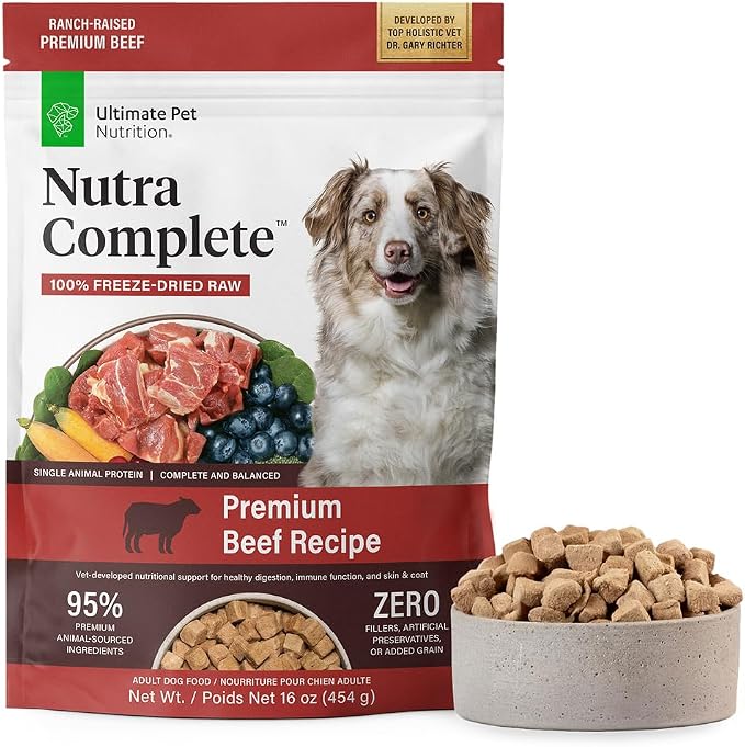 ULTIMATE PET NUTRITION Nutra Complete Freeze-Dried Raw Dog Food, Beef 1lb | Vet-formulated with antioxidants, prebiotics, & amino acids, full meal or topper for adult canines, all breeds & sizes